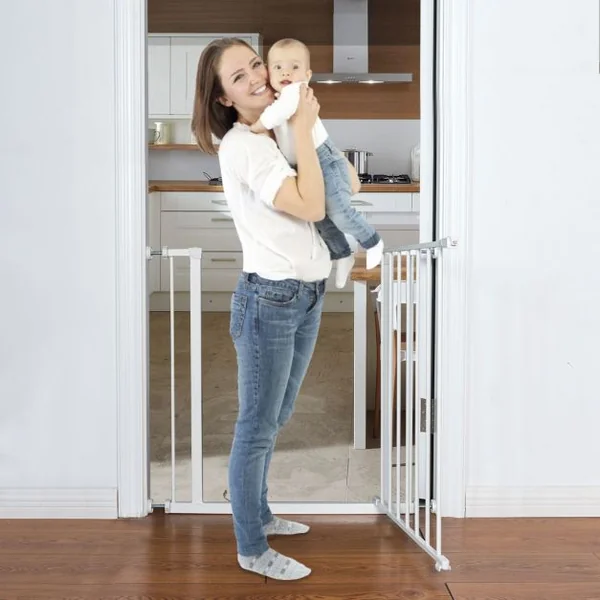 Barrière de Sécurité pour Enfants Barrière à Pression Sans Perçage Porte Rotative 180° en Métal 71-76x77cm Blanc