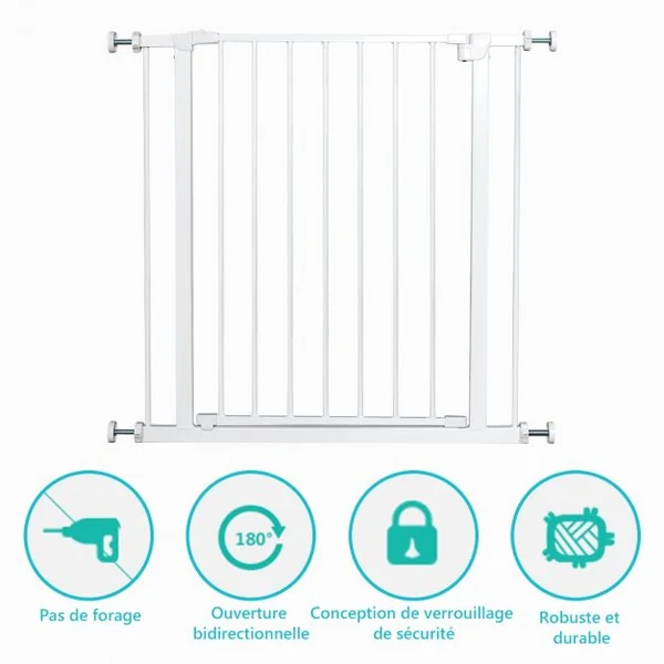 Barrière de Sécurité pour Enfants Barrière à Pression Sans Perçage Porte Rotative 180° en Métal 71-76x77cm Blanc