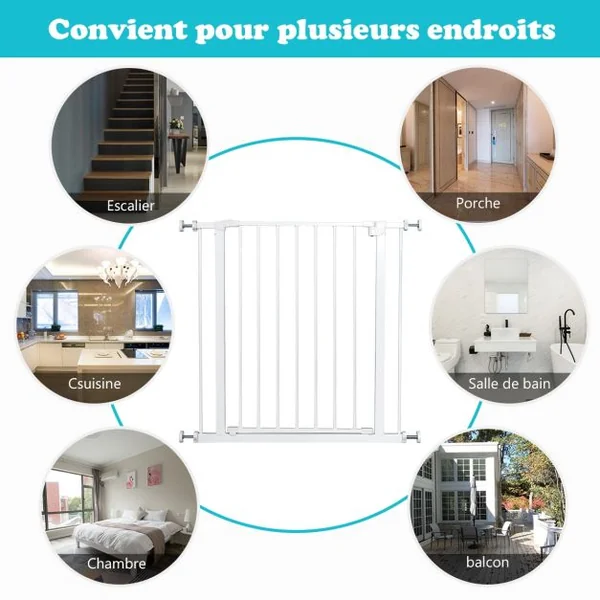 Barrière de Sécurité pour Enfants Barrière à Pression Sans Perçage Porte Rotative 180° en Métal 71-76x77cm Blanc