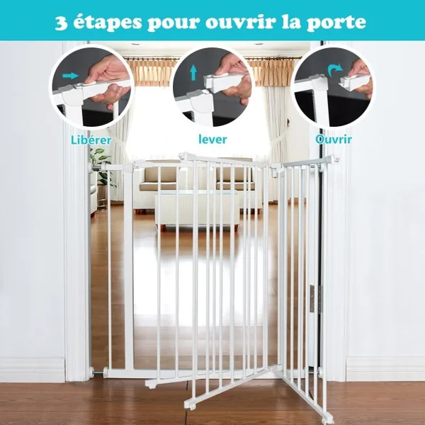 Barrière de Sécurité pour Enfants Barrière à Pression Sans Perçage Porte Rotative 180° en Métal 71-76x77cm Blanc