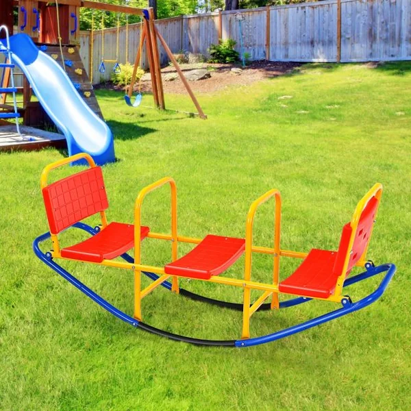 Bascule pour 3 Enfants Balançoire à bascule en Métal Tape-Cul avec Poignées 3 - 8 Ans Jouet pour Intérieur Extérieur Rouge/Bleu