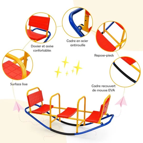Bascule pour 3 Enfants Balançoire à bascule en Métal Tape-Cul avec Poignées 3 - 8 Ans Jouet pour Intérieur Extérieur Rouge/Bleu