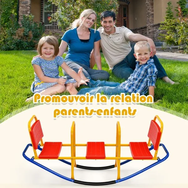 Bascule pour 3 Enfants Balançoire à bascule en Métal Tape-Cul avec Poignées 3 - 8 Ans Jouet pour Intérieur Extérieur Rouge/Bleu