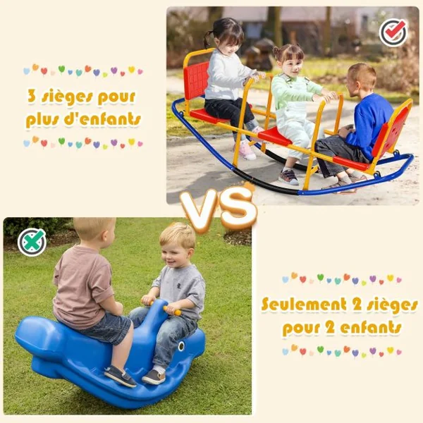 Bascule pour 3 Enfants Balançoire à bascule en Métal Tape-Cul avec Poignées 3 - 8 Ans Jouet pour Intérieur Extérieur Rouge/Bleu