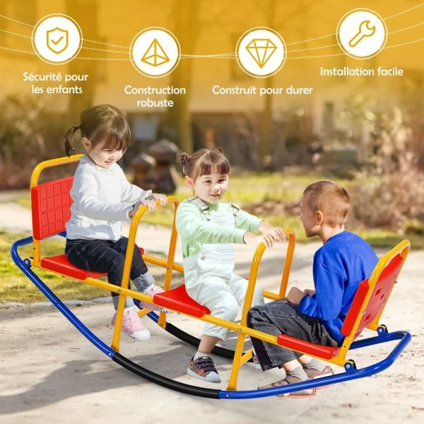 Bascule pour 3 Enfants Balançoire à bascule en Métal Tape-Cul avec Poignées 3 - 8 Ans Jouet pour Intérieur Extérieur Rouge/Bleu
