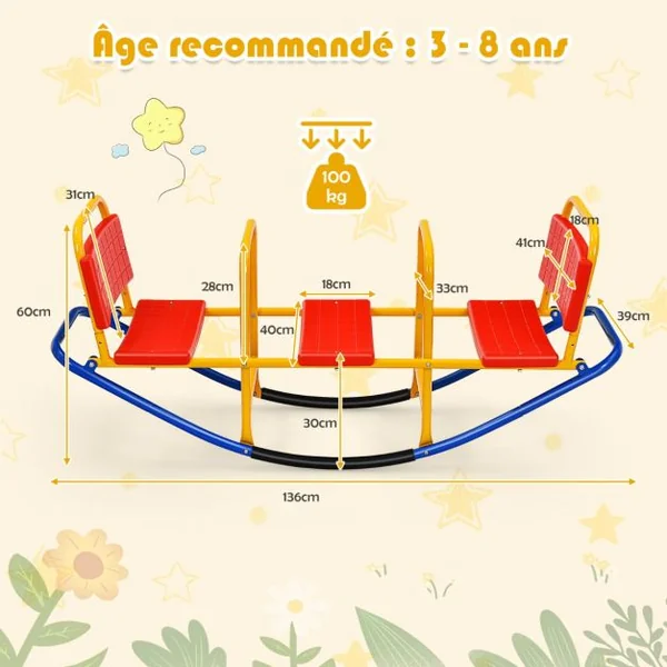 Bascule pour 3 Enfants Balançoire à bascule en Métal Tape-Cul avec Poignées 3 - 8 Ans Jouet pour Intérieur Extérieur Rouge/Bleu