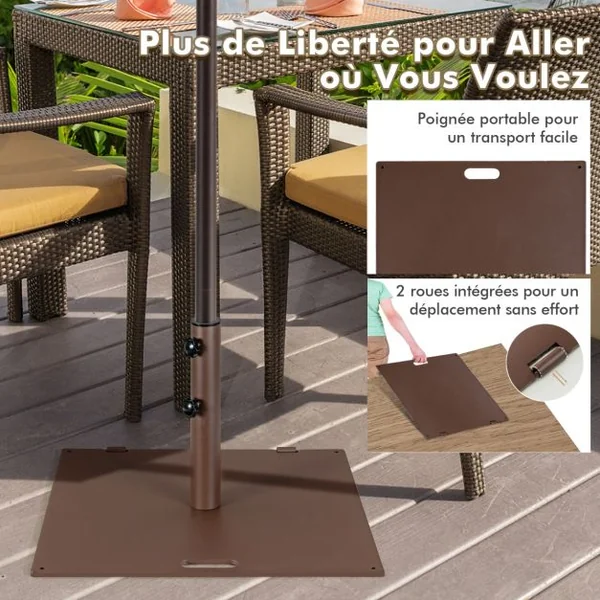 Base de parasol 22,5 kg Support de Parasol Carré Extérieur 60 cm avec Adaptateurs 4cm/5cm 2 Boutons de Serrage 2 Roues Intégrées