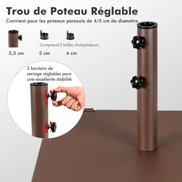 Base de parasol 22,5 kg Support de Parasol Carré Extérieur 60 cm avec Adaptateurs 4cm/5cm 2 Boutons de Serrage 2 Roues Intégrées