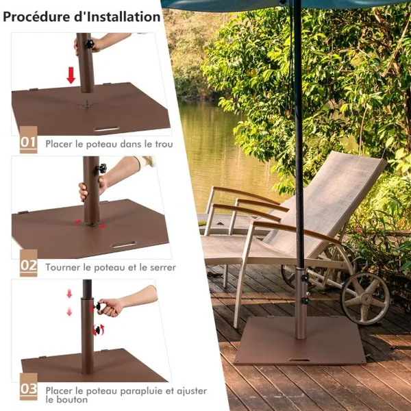 Base de parasol 22,5 kg Support de Parasol Carré Extérieur 60 cm avec Adaptateurs 4cm/5cm 2 Boutons de Serrage 2 Roues Intégrées