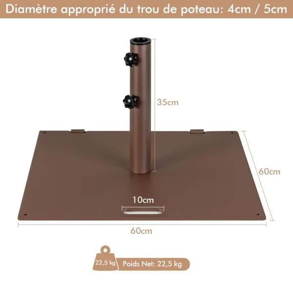 Base de parasol 22,5 kg Support de Parasol Carré Extérieur 60 cm avec Adaptateurs 4cm/5cm 2 Boutons de Serrage 2 Roues Intégrées