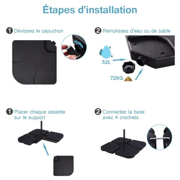 Base de Parasol 4 Pcs Pieds de Parasols Déportés Remplissables D'eau Ou de Sable pour Terrasse Jardin en Hdpe Noir