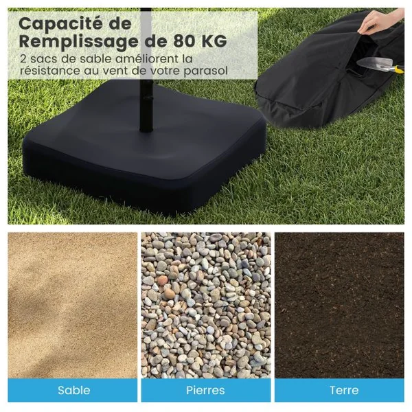 Base de Parasol de Patio 90 kg Sacs de Sable Support de Parasol Extérieur Couvercle Toutes Saisons 2 Boutons de Serrage et 1 Adaptateur