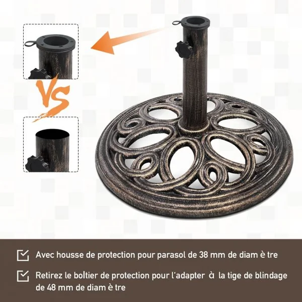 Base de Parasol Dia. 45 cm Pied de Parasol Ajouré Solide Poteau de 38-48mm en Fonte 12,5 kg 32cm Haut Couleur Bronze