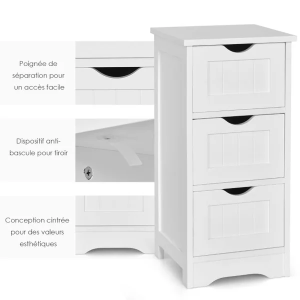 Bathroom Floor Cabinet Organisateur de rangement autoportant avec 3 tiroirs Blanc