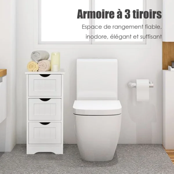 Bathroom Floor Cabinet Organisateur de rangement autoportant avec 3 tiroirs Blanc