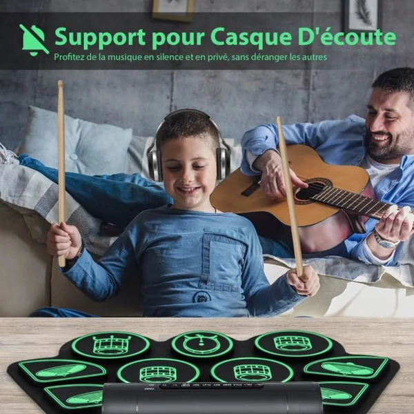 Batterie Electronique Portable 9 Pads Fonction MIDI 2 Haut-parleurs Stéréo 2 Pédales 2 Baguettes 7 Tythmes et 4 Morceaux
