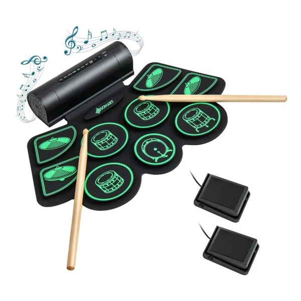 Batterie Electronique Portable 9 Pads Fonction MIDI 2 Haut-parleurs Stéréo 2 Pédales 2 Baguettes 7 Tythmes et 4 Morceaux