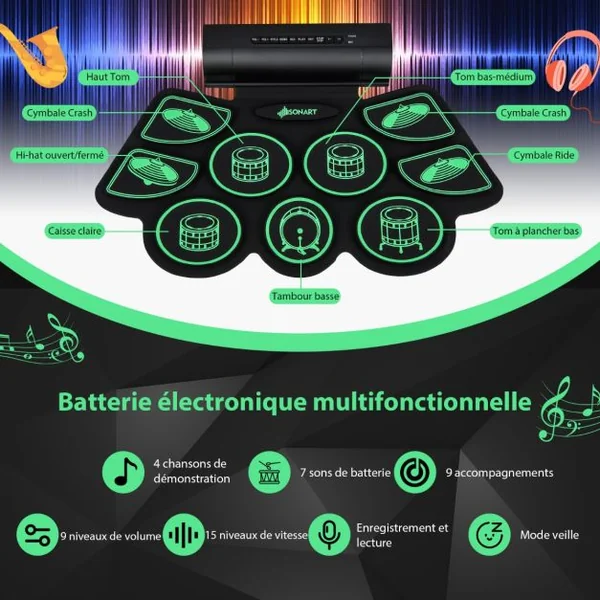 Batterie Electronique Portable 9 Pads Fonction MIDI 2 Haut-parleurs Stéréo 2 Pédales 2 Baguettes 7 Tythmes et 4 Morceaux