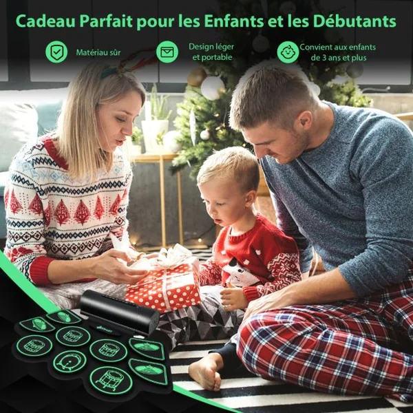 Batterie Electronique Portable 9 Pads Fonction MIDI 2 Haut-parleurs Stéréo 2 Pédales 2 Baguettes 7 Tythmes et 4 Morceaux