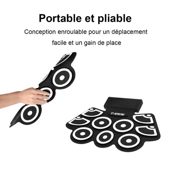 Batterie Electronique Portable Electronique Roll Up Tambour avec Pédales et Baguettes Fonction Bluetooth