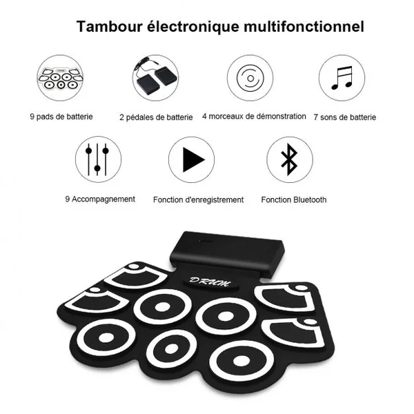 Batterie Electronique Portable Electronique Roll Up Tambour avec Pédales et Baguettes Fonction Bluetooth