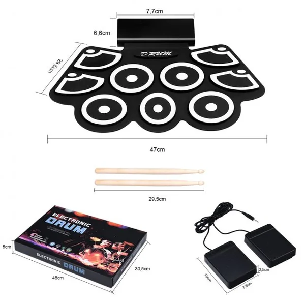 Batterie Electronique Portable Electronique Roll Up Tambour avec Pédales et Baguettes Fonction Bluetooth