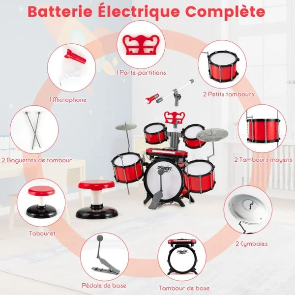 Batterie Enfant avec Clavier Tabouret Pupitre Microphone 2 Baguettes 2 Tonalités Port MP3 Kit DJ pour 3 Ans+