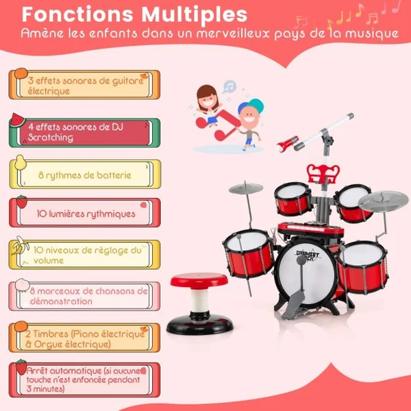 Batterie Enfant avec Clavier Tabouret Pupitre Microphone 2 Baguettes 2 Tonalités Port MP3 Kit DJ pour 3 Ans+