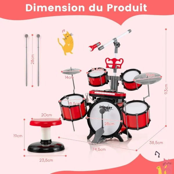Batterie Enfant avec Clavier Tabouret Pupitre Microphone 2 Baguettes 2 Tonalités Port MP3 Kit DJ pour 3 Ans+