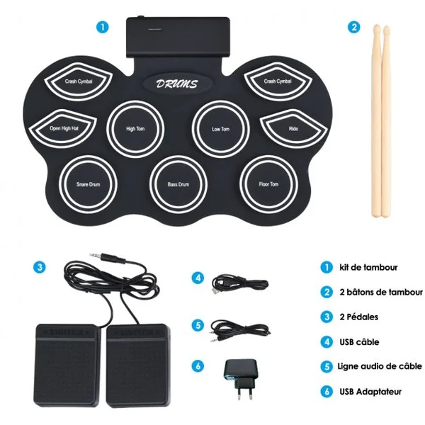 Batterie Électronique Led Portable pour Enfants Tambour 9 Pads en Silicone Bluetooth Accessoires 53x365x25cm Noir