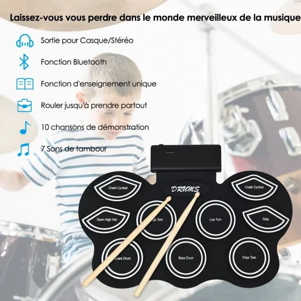Batterie Électronique Led Portable pour Enfants Tambour 9 Pads en Silicone Bluetooth Accessoires 53x365x25cm Noir