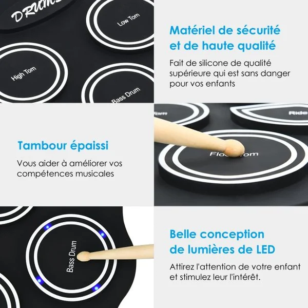 Batterie Électronique Led Portable pour Enfants Tambour 9 Pads en Silicone Bluetooth Accessoires 53x365x25cm Noir