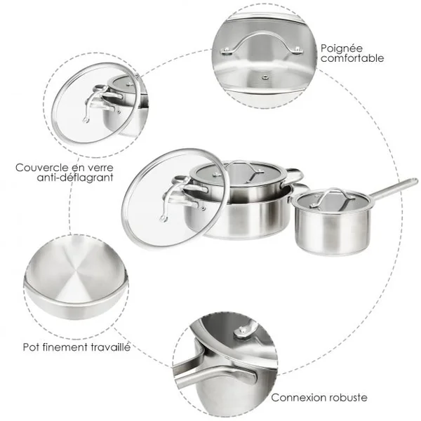Batteries de Cuisine en Acier Inoxydable 3 Pièces 2 Marmites 1 Casserole avec 3 Couvercles en Verre Φ17,3/21/25CM