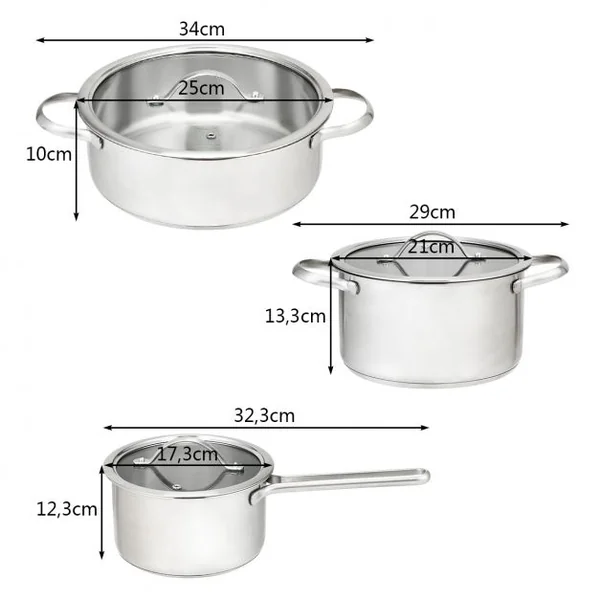 Batteries de Cuisine en Acier Inoxydable 3 Pièces 2 Marmites 1 Casserole avec 3 Couvercles en Verre Φ17,3/21/25CM