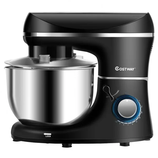 Batteur 1300W sur Socle 3 en 1 avec Bol mélangeur en Acier inoxydable 5,5L Accessoires Inclus 10 vitesses Noir