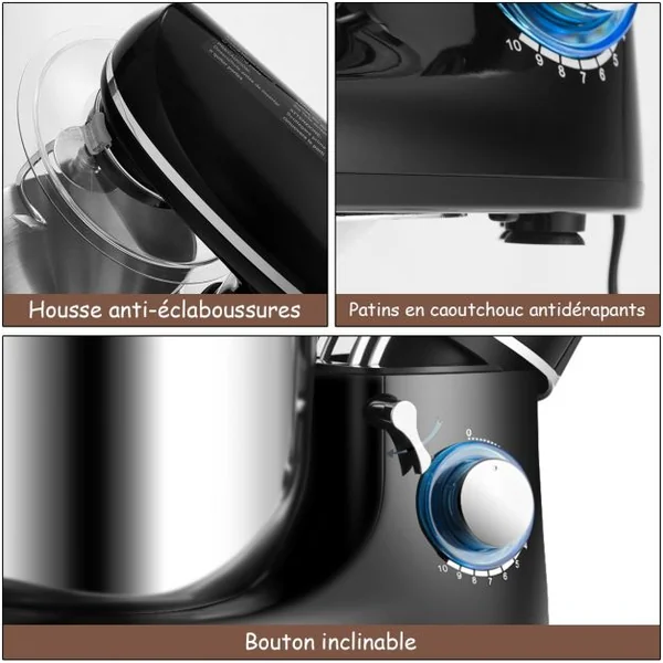Batteur 1300W sur Socle 3 en 1 avec Bol mélangeur en Acier inoxydable 5,5L Accessoires Inclus 10 vitesses Noir