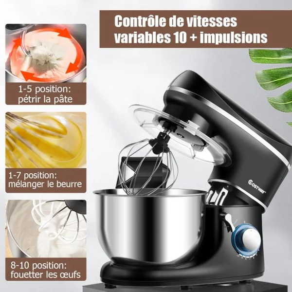 Batteur 1300W sur Socle 3 en 1 avec Bol mélangeur en Acier inoxydable 5,5L Accessoires Inclus 10 vitesses Noir
