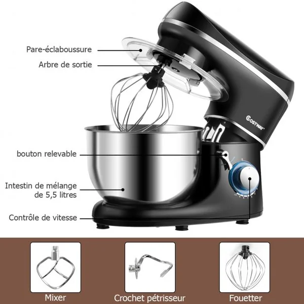 Batteur 1300W sur Socle 3 en 1 avec Bol mélangeur en Acier inoxydable 5,5L Accessoires Inclus 10 vitesses Noir