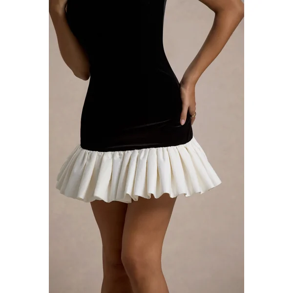 Baxter | Mini-Robe en Velours Noir et Blanc avec Bordure en Satin Plissé