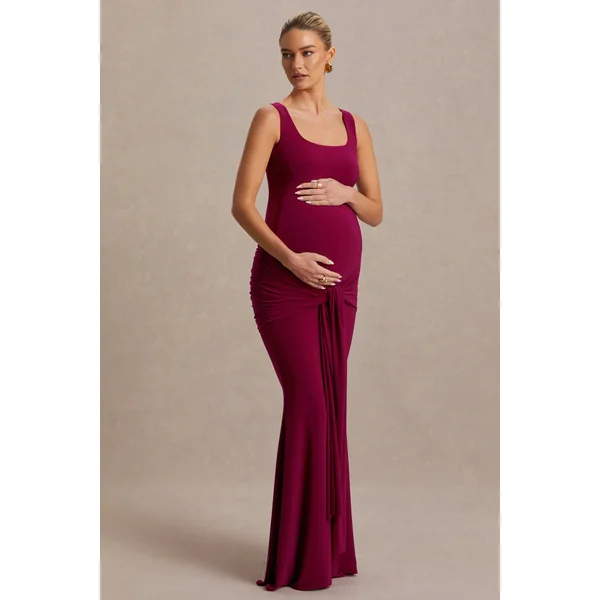 Baylin | Robe longue de maternité Bordeaux à encolure carrée avec fronces et détail d’écharpe