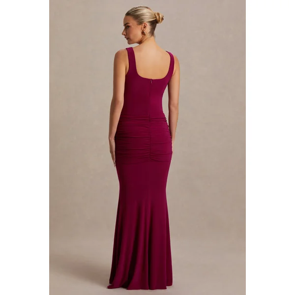 Baylin | Robe longue de maternité Bordeaux à encolure carrée avec fronces et détail d’écharpe