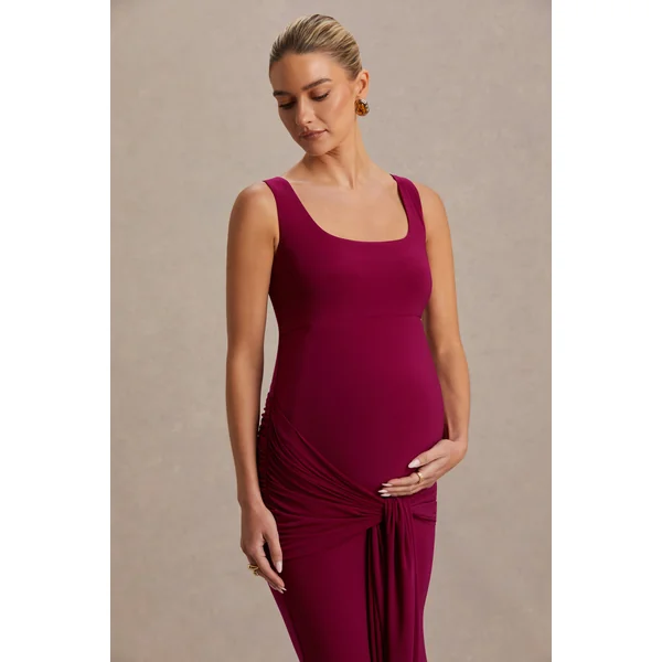 Baylin | Robe longue de maternité Bordeaux à encolure carrée avec fronces et détail d’écharpe