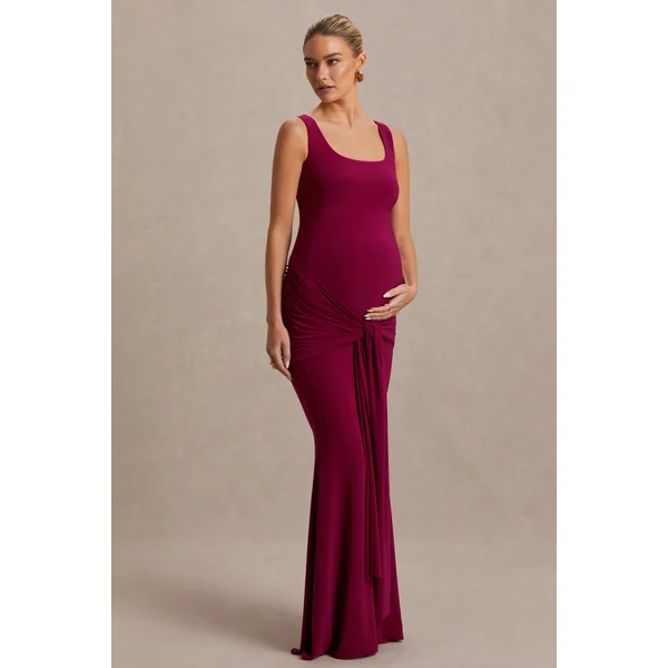 Baylin | Robe longue de maternité Bordeaux à encolure carrée avec fronces et détail d’écharpe