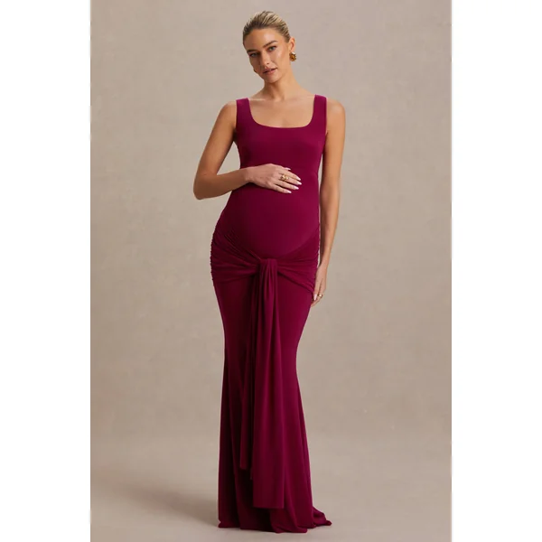 Baylin | Robe longue de maternité Bordeaux à encolure carrée avec fronces et détail d’écharpe