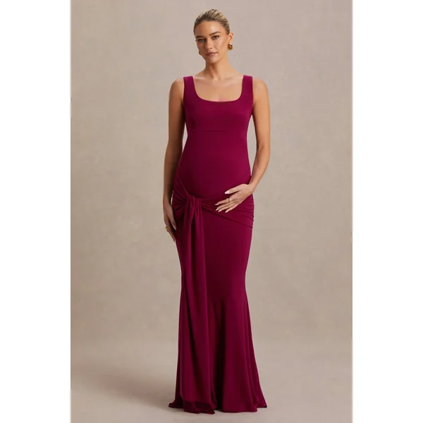Baylin | Robe longue de maternité Bordeaux à encolure carrée avec fronces et détail d’écharpe