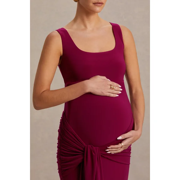 Baylin | Robe longue de maternité Bordeaux à encolure carrée avec fronces et détail d’écharpe