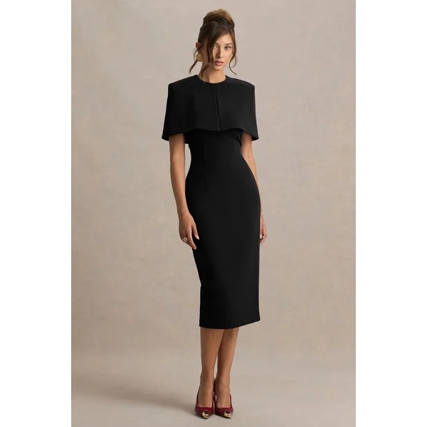 Baylor | Robe mi-longue noire avec cape amovible