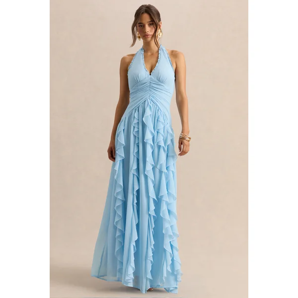Bea | Robe longue bleu poudré à décolleté plongeant et volants