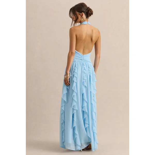 Bea | Robe longue bleu poudré à décolleté plongeant et volants