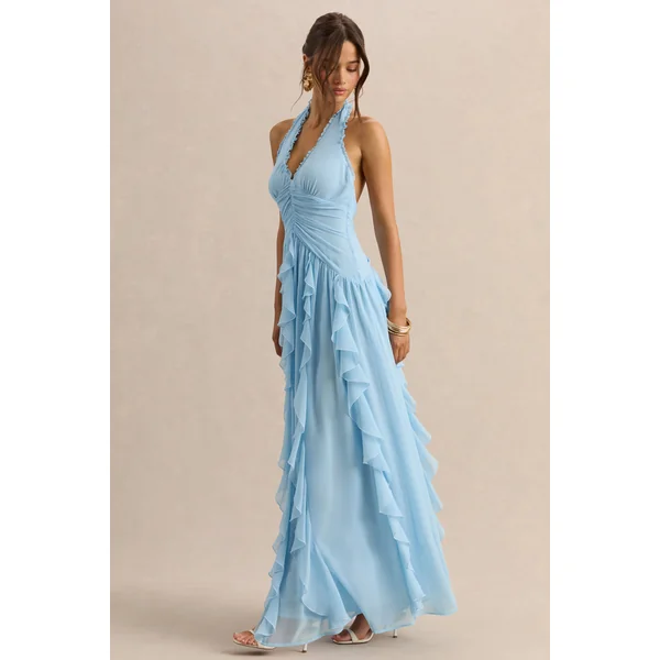 Bea | Robe longue bleu poudré à décolleté plongeant et volants